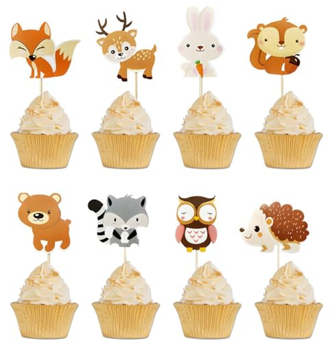 WUBAYI 24Pcs Woodland-Animal Cupcake Toppers - Non-Edible Cake Decorations for Kids Birthday Parties and Baby Celebrations