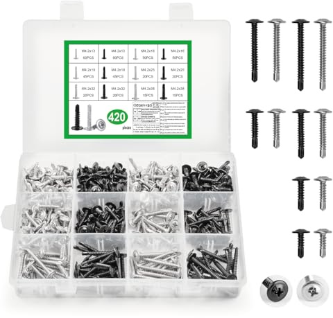 420 PcsTornillos Autorroscantes para Metal, M4.2 Tornillos Roscachapas Autotaladrante, Tornillos de Cabeza Plana de Cruz para Carpintería Metálica, Plástico, Madera, Muebles(Negro, Plateado)