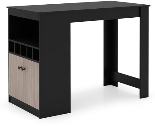 TANGZON Bar Table, Dining Table with Storage Cabinet, Adjustable Shelf & Open Compartment, Rectangular Counter Height Pub Tables for Kitchen Dining Living Room (with Wine Rack, Black+Gray, 120x60cm)