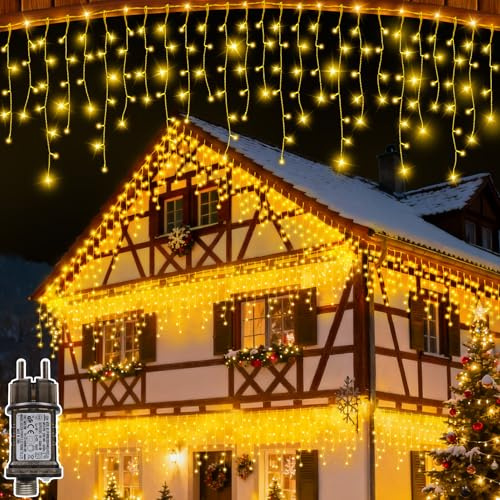 LYNNON LED Eisregen Lichterkette Außen 23M 640LED Lichterkette Außen Weihnachten mit Timer,8 Modi Wasserdicht,Lichtervorhang Aussen für Weihnachtsdeko Aussen Innen Party Balkon Haus Traufe Warmweiß