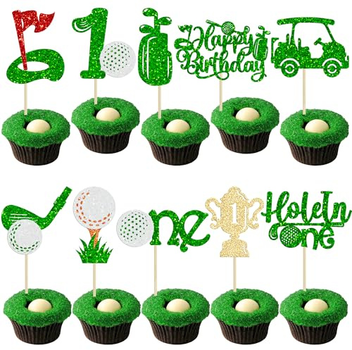 Gyufise 30Pcs Golf Hole in One Cupcake Toppers Golf 1st Birthday Cupcake Picks Flag Ball Carts Golf First Birthday Cake Decorations for Girls Baby Shower Golf Party Decorations Green