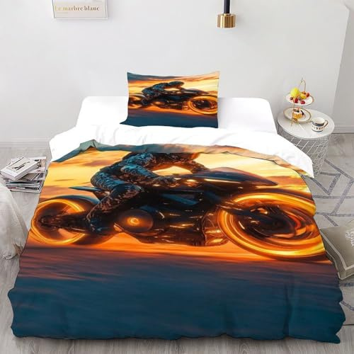 Motociclista De Ropa De Cama para Sports Theme con Impresión En 3D, Juego De Funda para Edredón con Cremallera, Microfibra Suave Funda Nordica con Fundas De Almohada Single（135x200cm）
