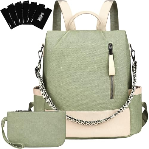 Eshow Rucksack Damen Klein Vegan Leder, Anti-Diebstahl Kleiner Cityrucksack Tagesrucksack Elegant Wasserdicht, Rucksacktasche mit Clutchbag RFID Blocker Modern für Pendeln Schule Arbeit Reise Grün