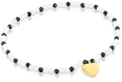 TOUS Pulsera Elástica para Mujer con Bolas Redondas Facetadas de Calcedónia, Espinelas y Motivo Corazón con Baño de Oro 18 Kt Sobre Plata, 17cm de Largo, Colección Motivos