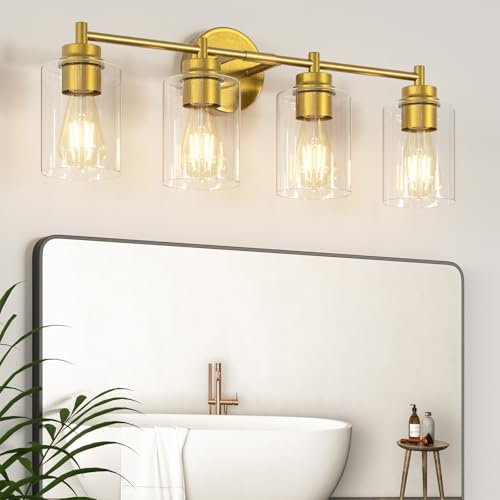ChangM Bathroom Vanity Light Fixtures 4-Light, Brushed Gold Bathroom Light Fixture Over Mirror with Clear Glass Shade, Bathroom Wall Sconce Lamp for Living Room Porch Hallway(Not Incloud Bulb)