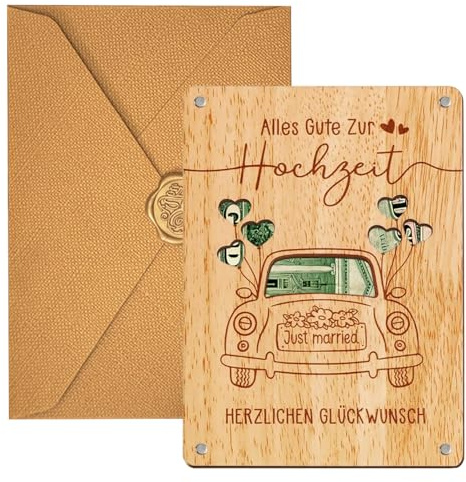 Wunscherfüller Geldgeschenk Verpackung aus Holz, Hochzeitskarte mit Umschlag, Wunscherfüller Gutschein Grußkarte für Freund, Beschreibbare Glückwunschkarte Hochzeit für Brautpaar Feier Jahrestag