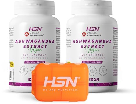 HSN Extracto Ashwagandha KSM-66 (12:1) 600mg/día (30mg Withanólidos) | PACK 2x 120 Cápsulas Vegetales + Pastillero Semanal | 7200mg equivalencia Raíz Withania somnifera | No-GMO Vegano Sin Gluten