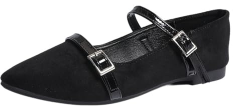 Ballerine da donna in stile Mary Jane, senza lacci, a punta, con cinturino con fibbia, comode, leggere, casual per l'uso quotidiano, Nero , 41 EU