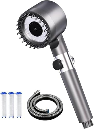 High Pressure Shower Heads, Hard Water Filter Shower Head with 1.5m Shower Hose and Shower Stand, 4 Mode Power Shower Head with Pause Switch, Shower Pro Head Showerhead with Water Filter, Gris