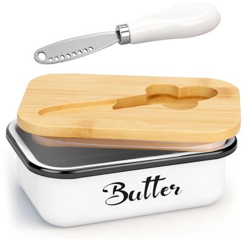 TOSUTOMantequillera - Mantequillera con tapa de madera y cuchillo integrado,Plato de Mantequilla de 450g con tapa de madera,mantequilleras multiusos para mantequilla para cocina y como regalo (Blanco)