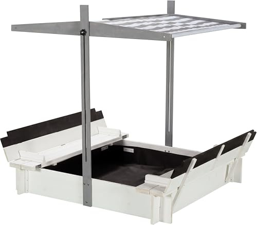Wondermake® Design sandlåda trä med tak, skydd och sittbänk, sandlåda för barn med fällbart lock, UV-solskydd, sandlåda kvadratisk trädgård utomhus lekplats, 120 x 120 cm, vit, grå, svart