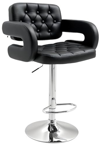 HOMCOM Swivel Bar Stool with Extra Large Seat, PU Leather Upholstered Adjustable Barstool with Back, Arm and Footrest, Breakfast Bar Chair for Bistro, Kitchen, Black