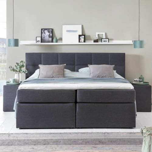 Furniture for Friends 3F Boxspringbett Bea 200x200 cm Anthrazit Härtegrad H3 | 7-Zonen Taschenfederkern Matratze + Visco Topper | mit niedrigem 90 cm Kopfteil ideal für Dachschrägen