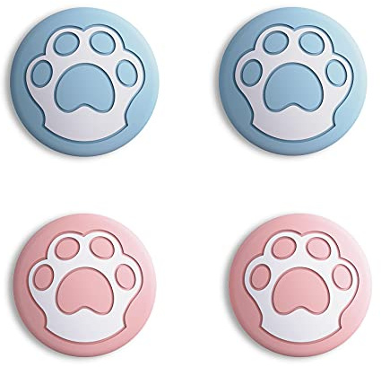 eXtremeRate PlayVital Cute Thumb Grip Caps for Nintendo Switch, Joystick Caps for Nintendo Switch Lite, Silicone Analog Cover Thumbstick Grips for Switch OLED Joycon - Cat Paw Heaven Blue & Pale Red