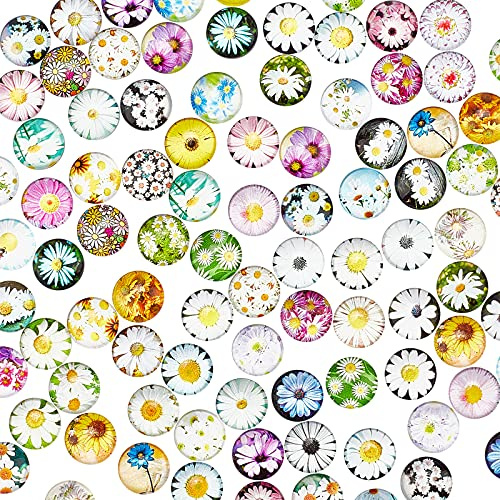 PandaHall 100pcs Cabochons Runde Mosaikfliesen Daisy Patern Halbrunde Mosaik Bedruckte Glaskuppel Cabochons Für Foto Anhänger Schmuckherstellung, 12 mm