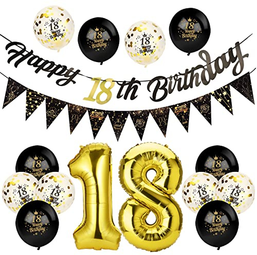 Afirbeone 18th Birthday Decorations Set - Black Gold Happy Birthday Banner, Triangle Flag Banner, Confetti & Aluminum Foil Balloons