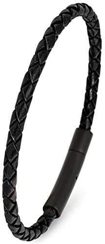 Simaru Lederarmband, 4mm geflochten für Frauen & Männer, Echtleder-Armband mit Edelstahl Hakenverschluss, Premium-Qualität Made in Germany ((23cm Lenght - XXL), Schwarz)