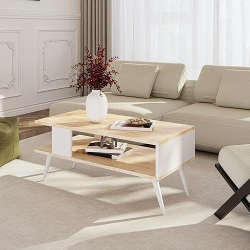 [en.casa] Tavolino Basso da Divano (AxLxP) 40 x 90 x 45 cm Tavolino da Salotto con Scomparto Semiaperto e 4 Piedini - Effetto Rovere/Bianco