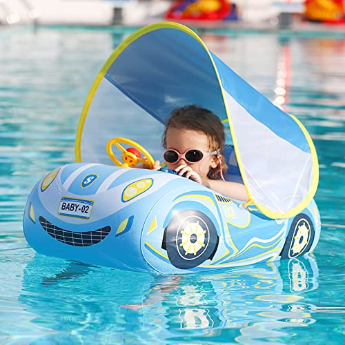 Balakaka Baby Swimming Float with Sun Canopy, Inflatable Baby Swim Float with Adjustable Safety Seat & Double Handles, UPF 50+ Sun Protection for 1-4 Years – Blue