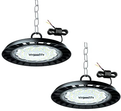 Wegoodlife 2 piezas 100W UFO Proyector LED Industrial, 10000LM High Bay Luz, 6500K Blanco Frío UFO Lámpara Taller, IP65 Impermeable Iluminación de Techo LED, Proyector LED para Garaje Almacén Fábrica