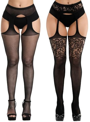 KLONKEE 2 Medias Rejilla Mujer Medias de Tirantes Medias de Red Sexy Pantys de Rejilla