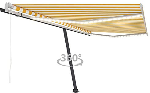 Homgoday Tenda da sole automatica, con braccio articolato a LED e sensore vento, tenda da sole da balcone, impermeabile, per terrazza, giardino, 400 x 350 cm, giallo/bianco