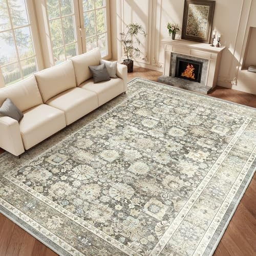 HOMFINE Grigio Tappeto Salotto Vintage 120x170 cm Tappeto Soggiorno Lavabile in Lavatrice Pelo Corto Grandi Tappeti Antiscivolo Classico Carpet Rug per Camera da Letto, Sala