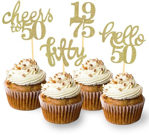 24 Pcs Glitter 50th Birthday Cupcake Toppers for Celebrating Fifty Years Old Birthday Party Decorations (Gold)
