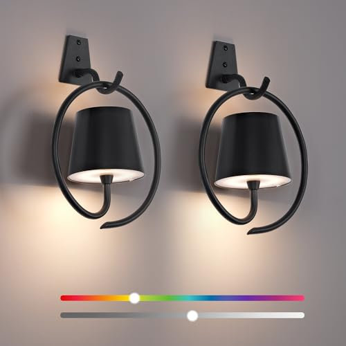 Battery Operated Wall Lights, 2 Pack RGB Rechargeable Wall Light Indoor Cordless Wall Lamp, Dimmable Wireless LED Wall Lamps IP54 Waterproof Wall Sconce Lights for Bedroom, Living Room(Black)