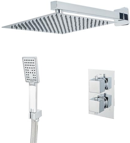 Plumbsys Concealed Thermostatic Shower Set with Thermostatic Mixer, Chrome Shower System with Overhead and Handshower Head