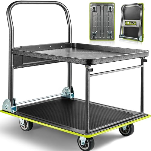 Keoslpy Upgraded Foldable Push Cart Dolly, 700lbs Foldable Platform Truck Dolly with Wheels, Heavy Duty Platform Cart 2 Tier Moving Flatbed Cart for Warehouse, Garage, Workshop, Office 28.75 x 18.5