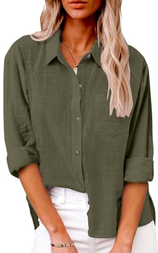 Friptspyg Donna da Camicia Manica Lunghe Scollo a V Chiusura con Bottoni 100% Cotone Casual Blusa con Tasca vestibilità Ampia Versatile per L'Estate, Verde Militare XL