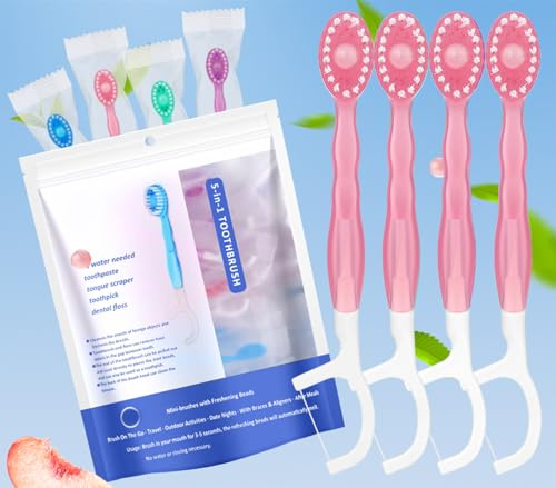 Vonmerie 12-pack minitandborste, minitandborste engångs med tandkräm, 5-i-1 (förbunden | tandtråd | tungskrapa | friskandning | tandpetare) mini tandborste (persikor)