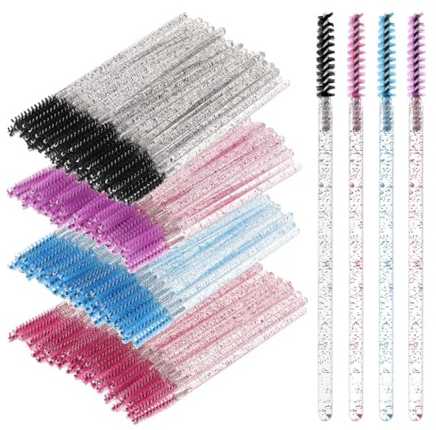 200 Pcs Disposable Mascara Wands Mini Eyelash Brushes Crystal Lash Spoolies Skinny Spoolies for Eyelash Extensions Micro Brush Lash Extension Supplies Lashes Extension Tools (4 Colors)