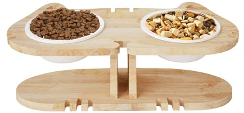 Erhöhter Katzennapf aus Holz, 15° geneigt, erhöhter Katzenfutterschüssel aus Holz mit Ständer, um Erbrechen zu verhindern, mit zwei Keramiknäpfen, geeignet für Katzen und Welpen