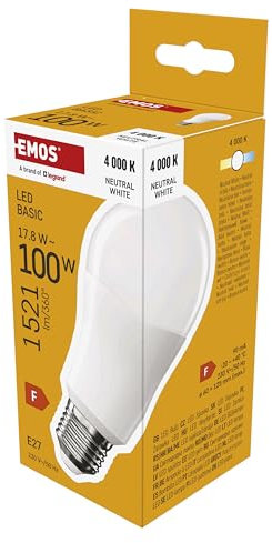 EMOS LED Lampe A60, 17,8W Ersatz für 100W Glühbirne, E27 Sockel, Helligkeit 1521 Lumen, Neutralweiß 4000 Kelvin, 20000 Stunden Lebensdauer, CRI min. 80, 200° Abstrahlwinkel
