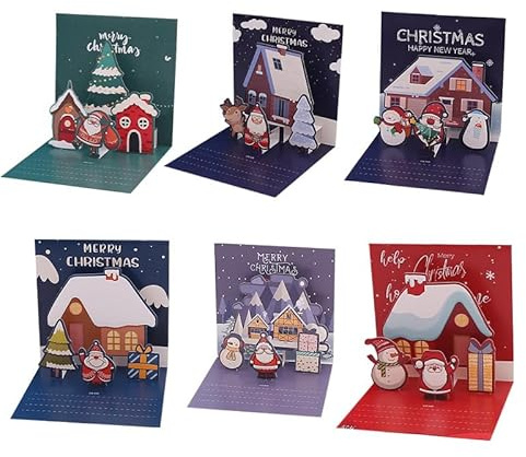 MORAINJAY 6 Stück Weihnachtskarten mit Umschlag Aufklebern Set, Klappkarten Weihnachtsgrußkarten Kraftpapier Karten Postkarten für Weihnachten, 3D Pop Up Grußkarte für Familie Freunde Weihnachtsgrüße
