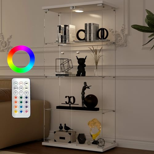 Aplancee Glasvitrine mit LED, 4 Ebenen und 2 Türen, 164x36,3x80,5 cm, Weiß | Vitrinenschrank mit viel Stauraum, ideal für Figuren, Wein und Sammlerstücke sowie zur Warenpräsentation in Geschäften