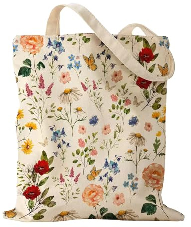 ALMLWIAJ Bolsa de lona con estampado de mariposas y flores, bolsa de compras de 35 x 38 cm, algodón natural, diseño floral, color crema, Hudei, 15 inch (HUA)