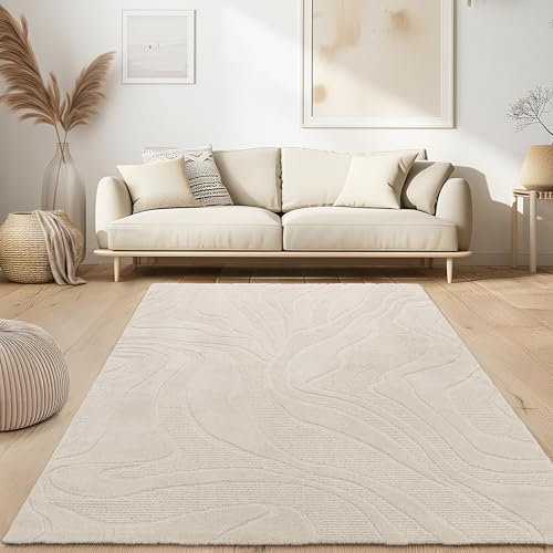 Paco Home Moderner Wohnzimmer Teppich Kurzflor Skandinavisch Japandi Stil Panglao Einfarbig Hoch-Tief-Effekt Abstraktes Muster 3D Effekt weicher Flor Creme, Grösse:80x150 cm