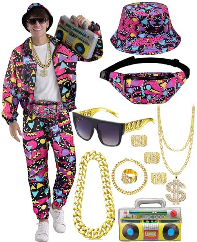 WILDPARTY Tenue Déguisement années 80 90 Homme, Survêtement avec Accessoires Gonflables Ghettoblaster, Sac Banane, Lunettes, Chapeau, Collier, Bracelet, Bague, pour Carnaval et Fêtes à Thème