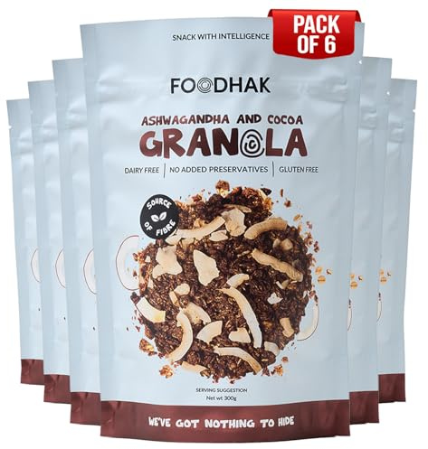 FOODHAK Ashwagandha and Cocoa Gluten Free Granola Breakfast Cereal (Pack of 6) 300g – Made in the UK with Cocoa Butter, Maple Syrup, Fibre Rich Granola cereal & Sea Salt – Beneficial for Digestion