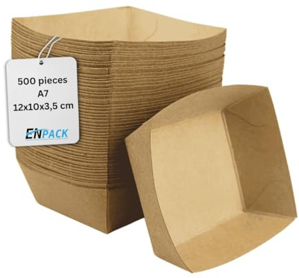 Enpack Snackschale A7-100 Stück Snackschalen aus Kraftpapier - Snack Box 12x10x3,5cm - Currywurst Schale 400 ml - Behälter für Tapas, Chips, Pommes etc. - optimal geeignet als Fingerfood Schale