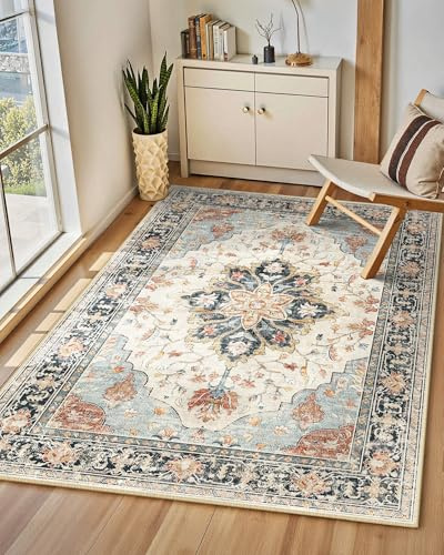INOVADAY Vintage Waschbarer Teppich Wohnzimmer 120x180 cm Boho Kurzflor rutschfest Teppich Weich Teppiche mit Druckmuster für Schlafzimmer, Esszimmer, Büro Beige/Blau/Orange