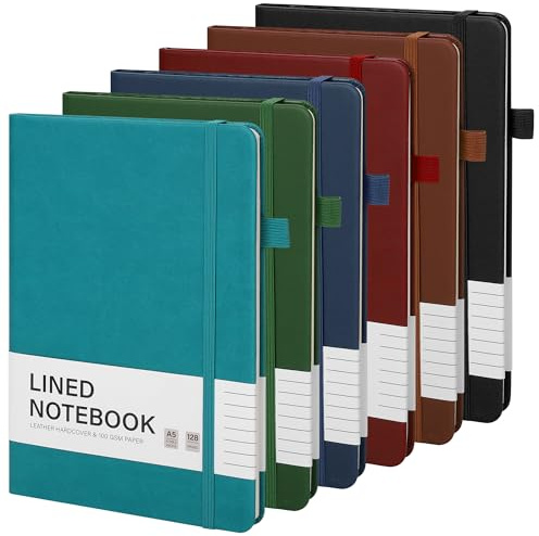 Aodaer 6 Pcs A5 Lined Journal Notebook 100 GSM College Ruled Hardcover Notebook for Men Women, 128 Pages PU Leather Notepad with Pen Holder for Writing Travel Work, 5.7 x 8.3 Inches (Deep Multicolor)