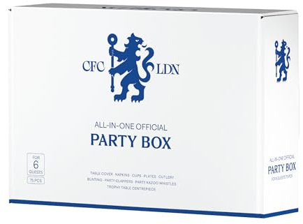 England Football Club Official 75pcs Party Supplies Box for 6 Guests, incl. Disposable Tableware Set w/Cutlery, Decorations & Party Favors | Perfect for birthday match celebrate (Chelsea)