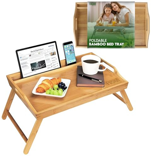 Fusion Food Bed Tray Table with Folding Legs – Made from Organic Bamboo & MDF | Secure Surface with Built-in Side Handles | Lap Tray Ideal for Eating, Reading & Working on Beds & Sofas