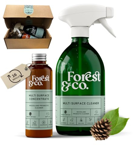 Forest&Co, Multi-surface Starter Kit in GIFT BOX (16 refills) - Non-Toxic, Streak-Free, Pet Safe, Eco Friendly, Woodland Probiotics - (Refillable Spray Bottle + Liquid Concentrate) - All Surfaces