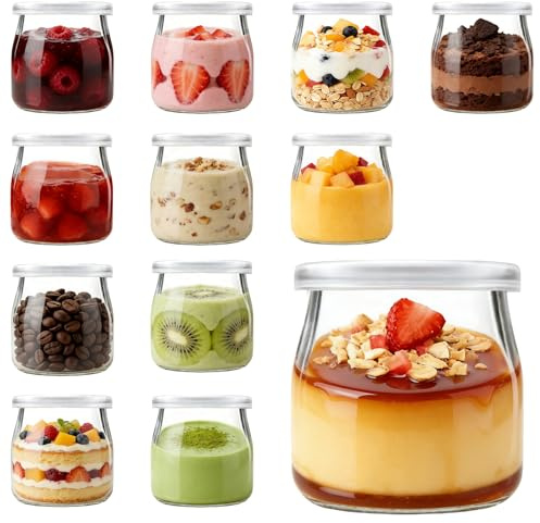 MEETOZ 12Pcs 200ml Pudding Glass Bottle,Yogurt Glass Jars with Plastic Lid,Mini Cup Small Glass Bottles for Yogurt Making, Pudding, Milk, Jelly