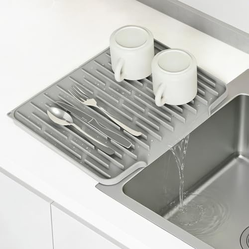 Volminex Alfombrilla Escurreplatos de Silicona Engrosada, Tapete de Secado Rápido Elevado para Fregadero Cocina, Escurridor de Platos, Bandeja Escurreplatos de Fregadero y Encimera (Gris claro)